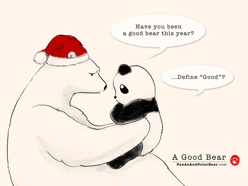 Polar bear holding a panda bear and asking him if he was good.